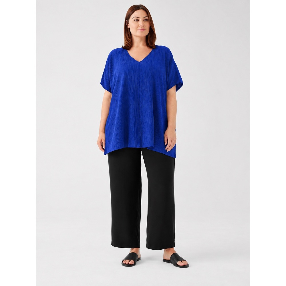 Eileen Fisher Tencel Plissé V-Neck Top 2X Cobalt Blue Boxy Lagenlook Tunic
